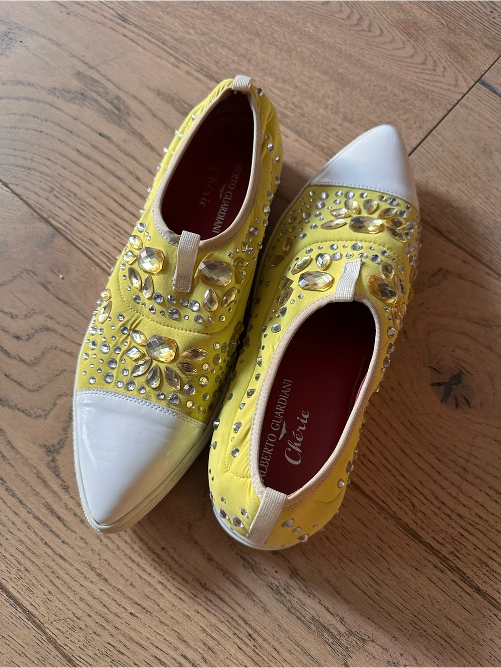 Alberto Guardiani Yellow and White Crystal-Embellished Slip-On Flats
